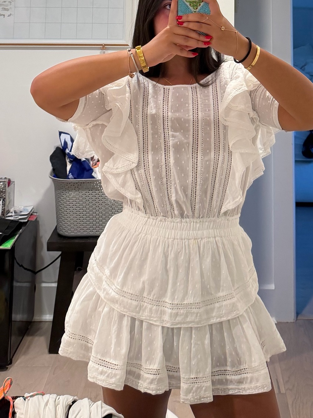 LoveShackFancy White Ruffled Eyelet Mini Dress
